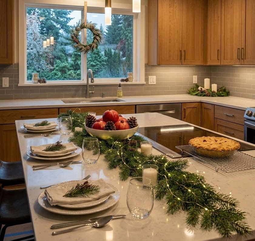 Completed modern kitchen remodel decorated for a festive Seattle holiday.